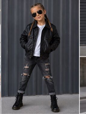 Kids' Black Genuine Leather Bomber Jacket